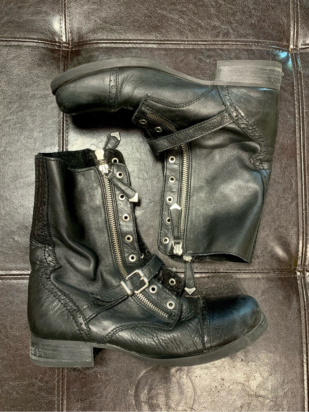 Aldo Black Genuine Leather Moto Combat Boots with Double Zipper